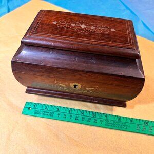 Vintage Wooden Hinged Jewelry Box with Key - Inlaid Brass Design